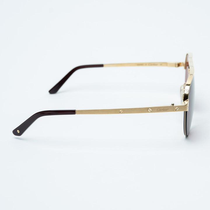 Gold Metal Santos de Cartier Aviator Sunglasses with Burgundy Lenses. (view 3)