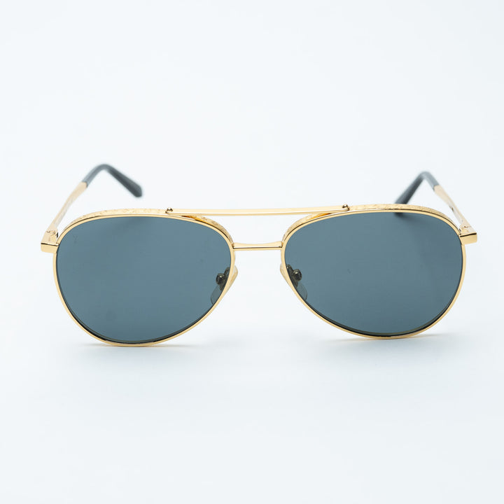 Gold and Gray Metal Round Aviator Sunglasses. (view 2)