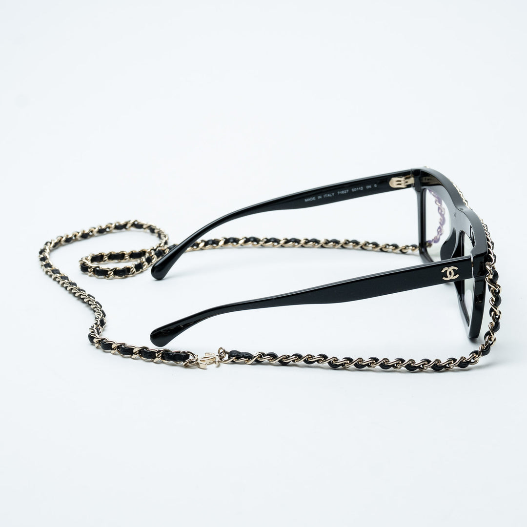 Pre-Loved Chanel™ Black Rectangle Frame Eyeglasses with chain design