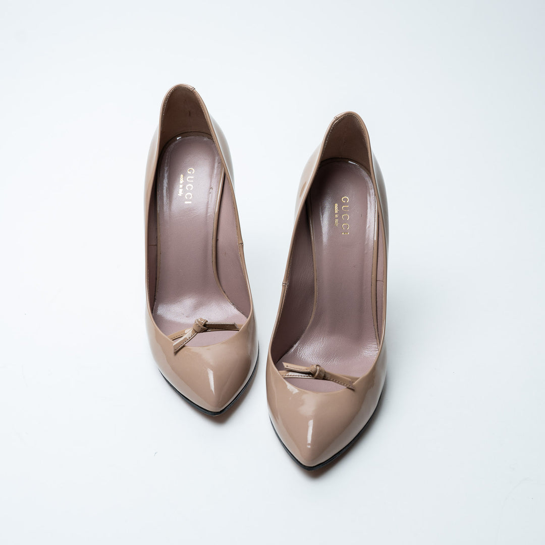 Nude Patent Leather Bow Pumps. (view 2)