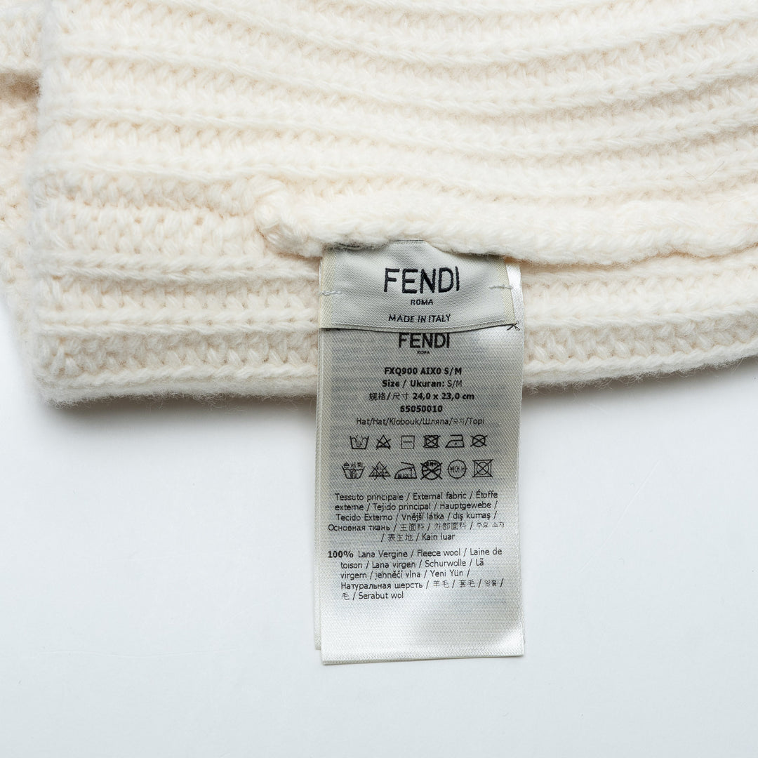 Fendi White Wool Cable Knit Logo Beanie
