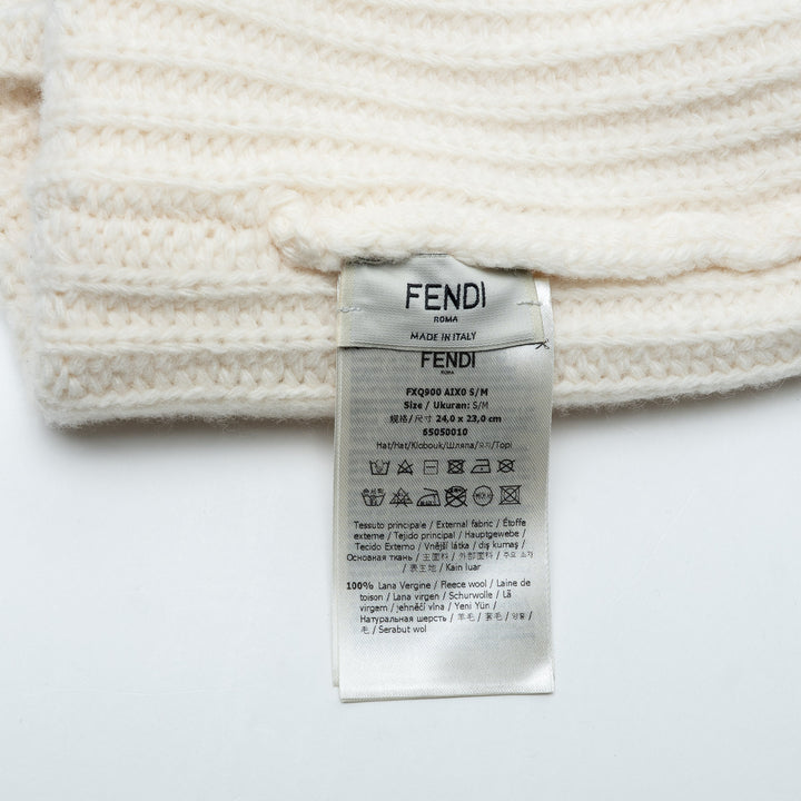 Fendi White Wool Cable Knit Logo Beanie