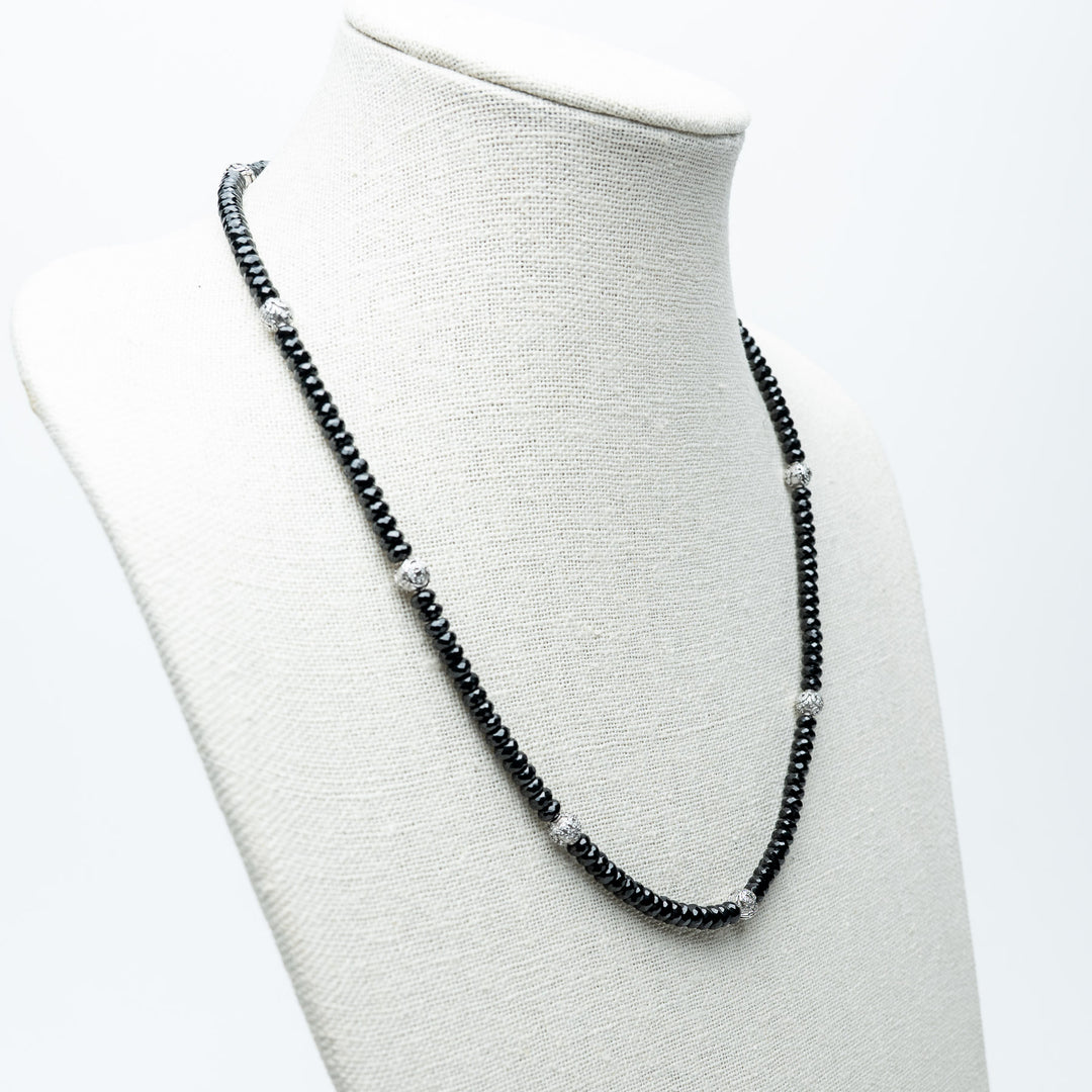 Black Spinel and Sterling Silver Spiritual Beads Necklace. (front)