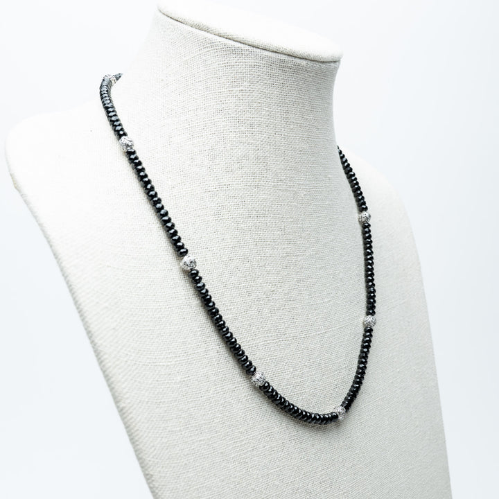 Black Spinel and Sterling Silver Spiritual Beads Necklace. (front)