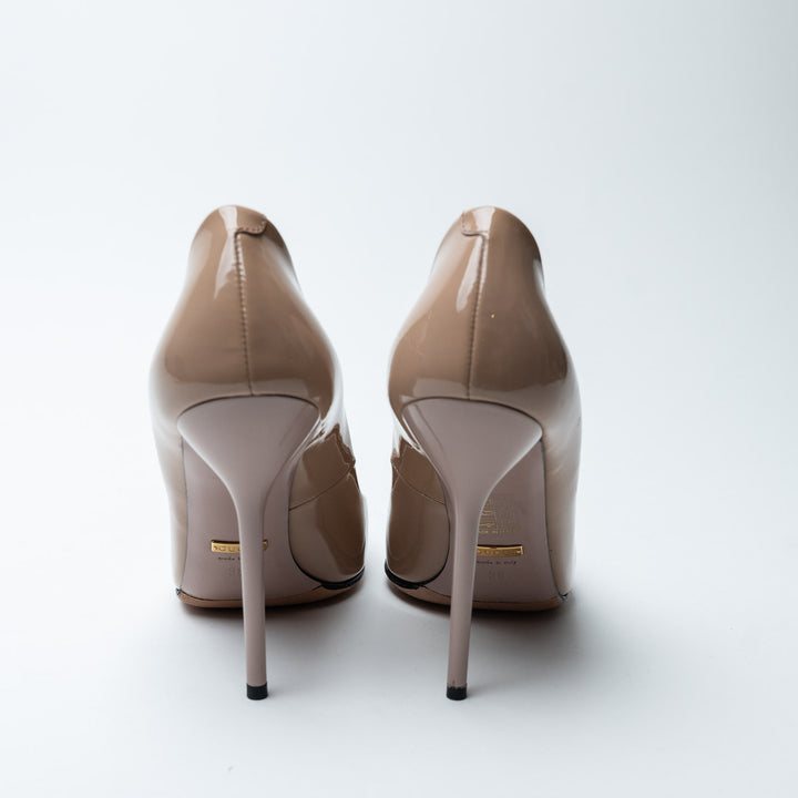 Nude Patent Leather Bow Pumps. (view 3)