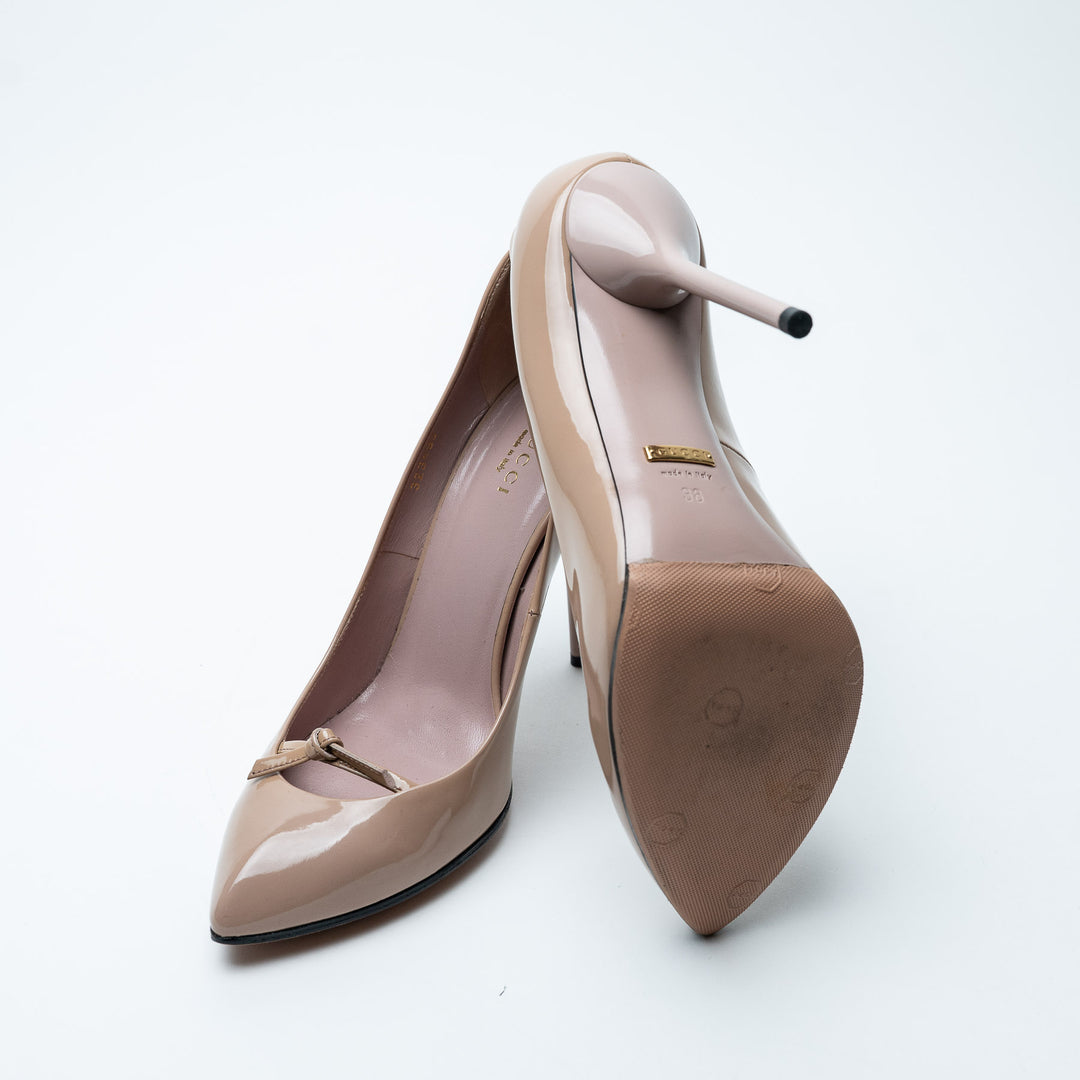 Nude Patent Leather Bow Pumps. (view 4)