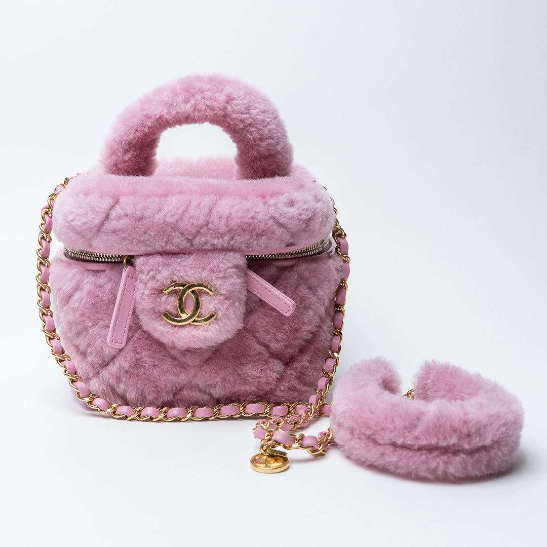 Pink Shearling Quilted Small Vanity Bag. (front)