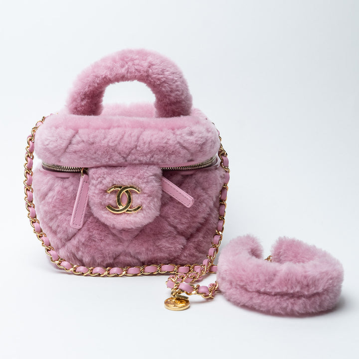 Pink Shearling Quilted Small Vanity Bag. (front)