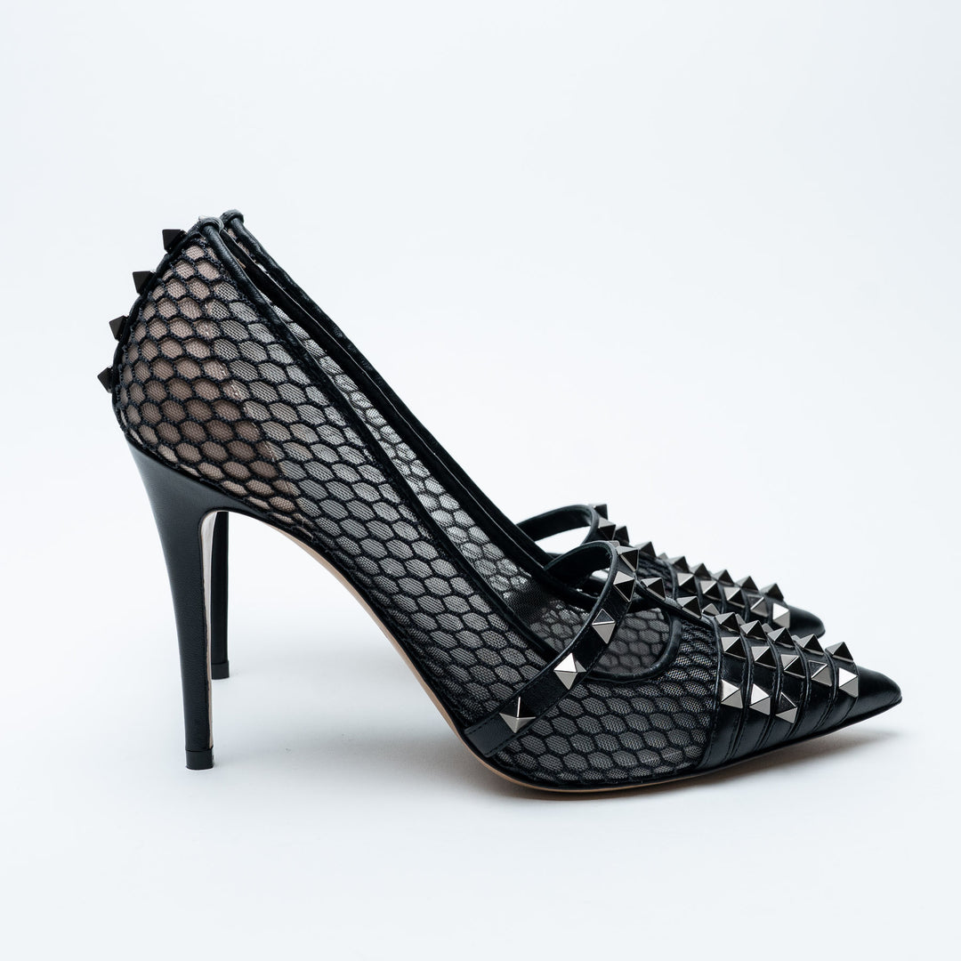 Valentino Black Mesh & Leather Rockstud Alcove Pumps Size 38