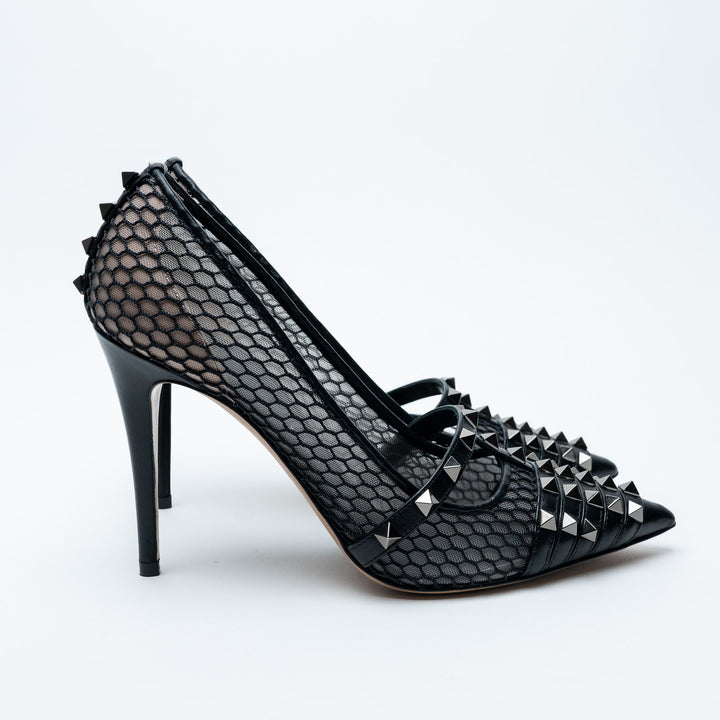 Valentino Black Mesh & Leather Rockstud Alcove Pumps Size 38