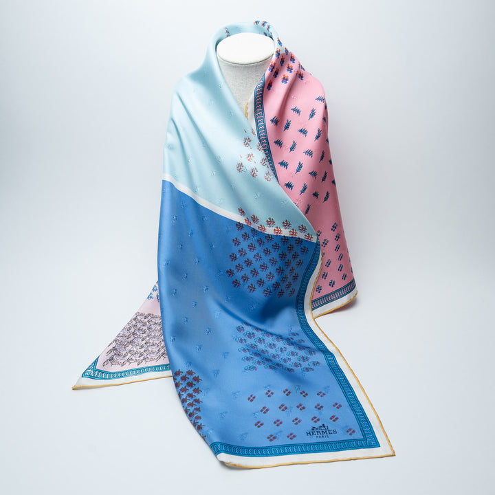 Blue and Pink Silk Carré Quadri au Bloc Scarf. (front)