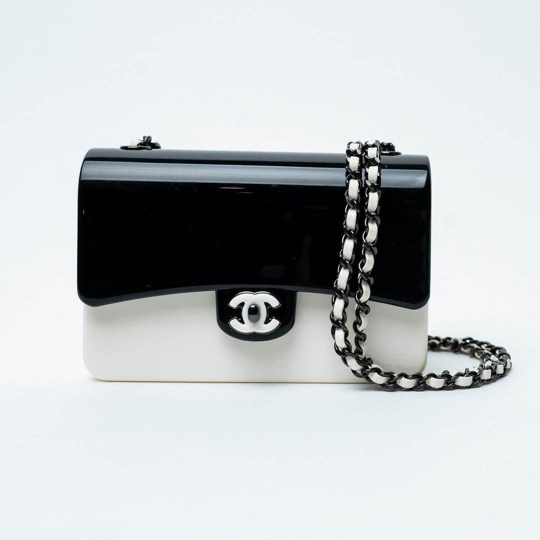 Black and White Resin Minaudière Crossbody Bag. (front)