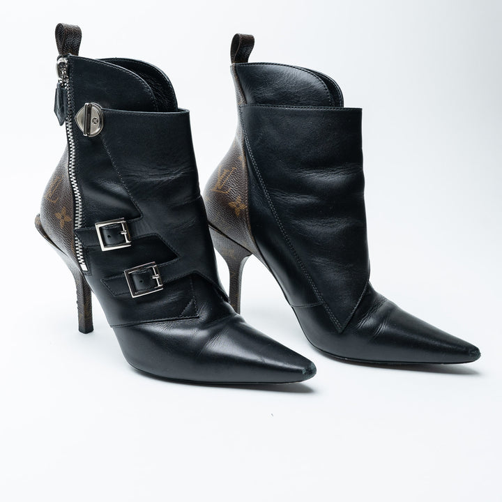 Black Leather and Monogram Canvas Janet Ankle Boots. (view 3)