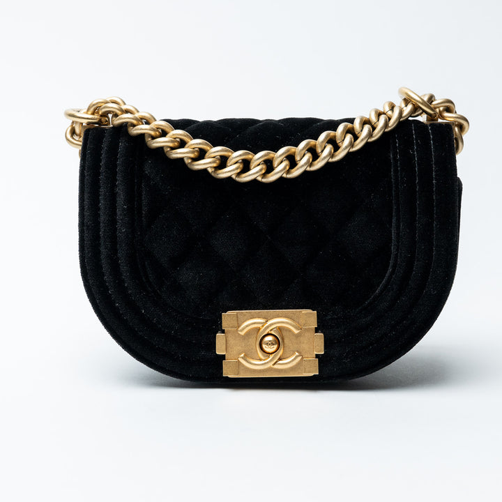 Black Velvet Quilted Mini Boy Messenger Bag. (front)