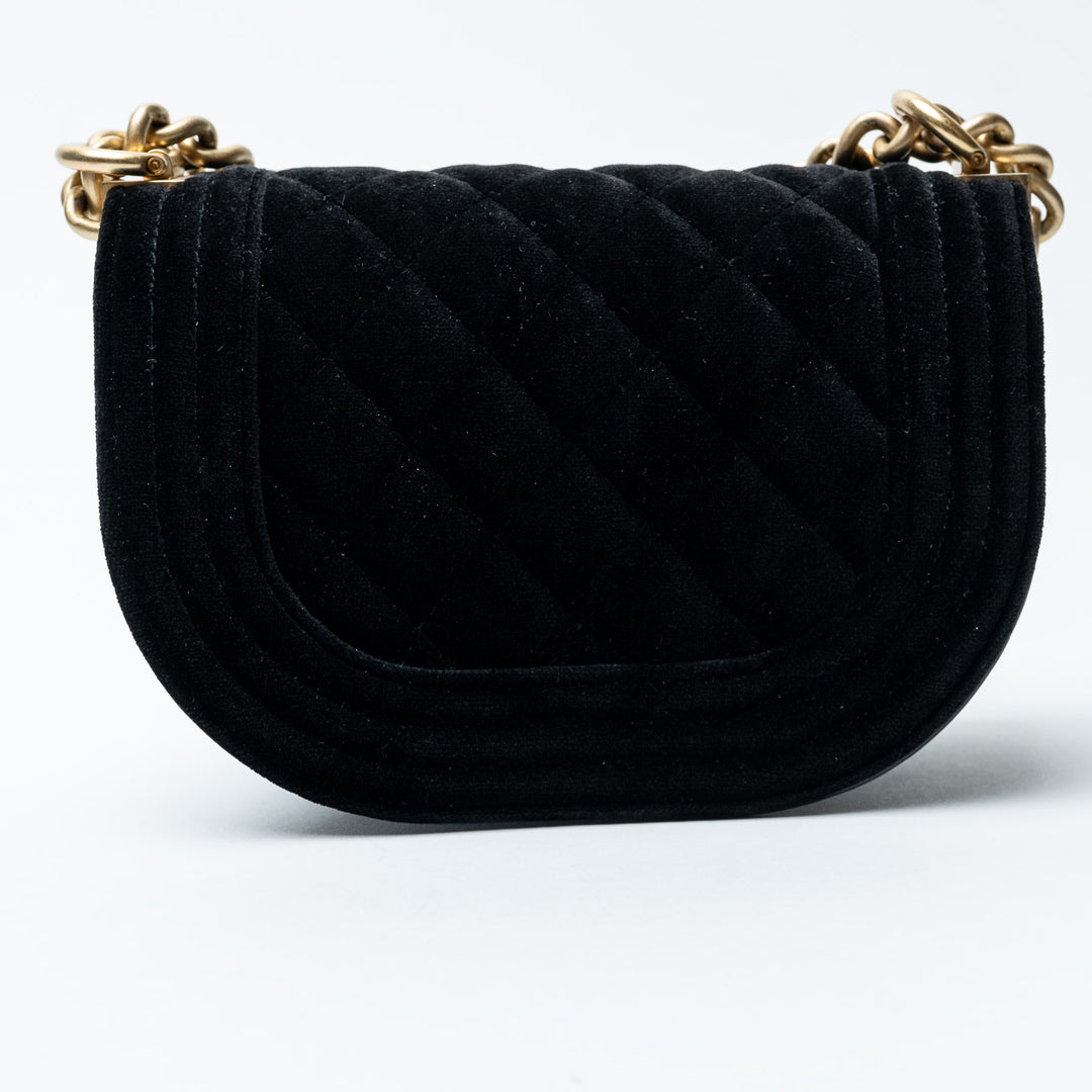 Black Velvet Quilted Mini Boy Messenger Bag. (view 2)