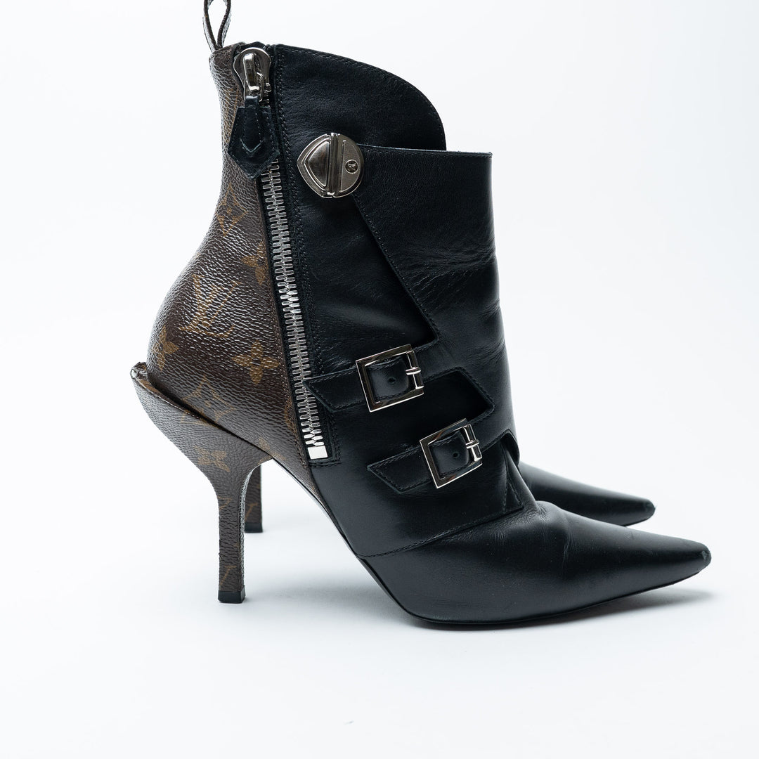 Black Leather and Monogram Canvas Janet Ankle Boots. (front)