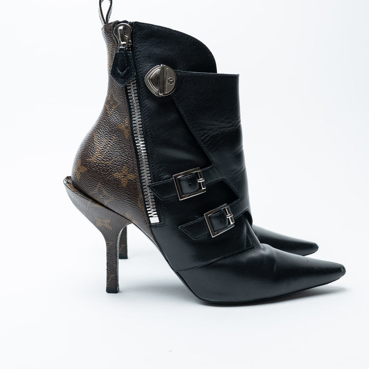 Black Leather and Monogram Canvas Janet Ankle Boots. (front)