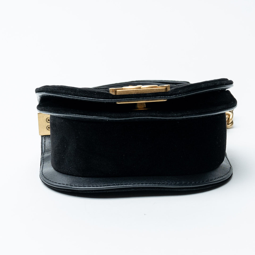 Black Velvet Quilted Mini Boy Messenger Bag. (view 6)