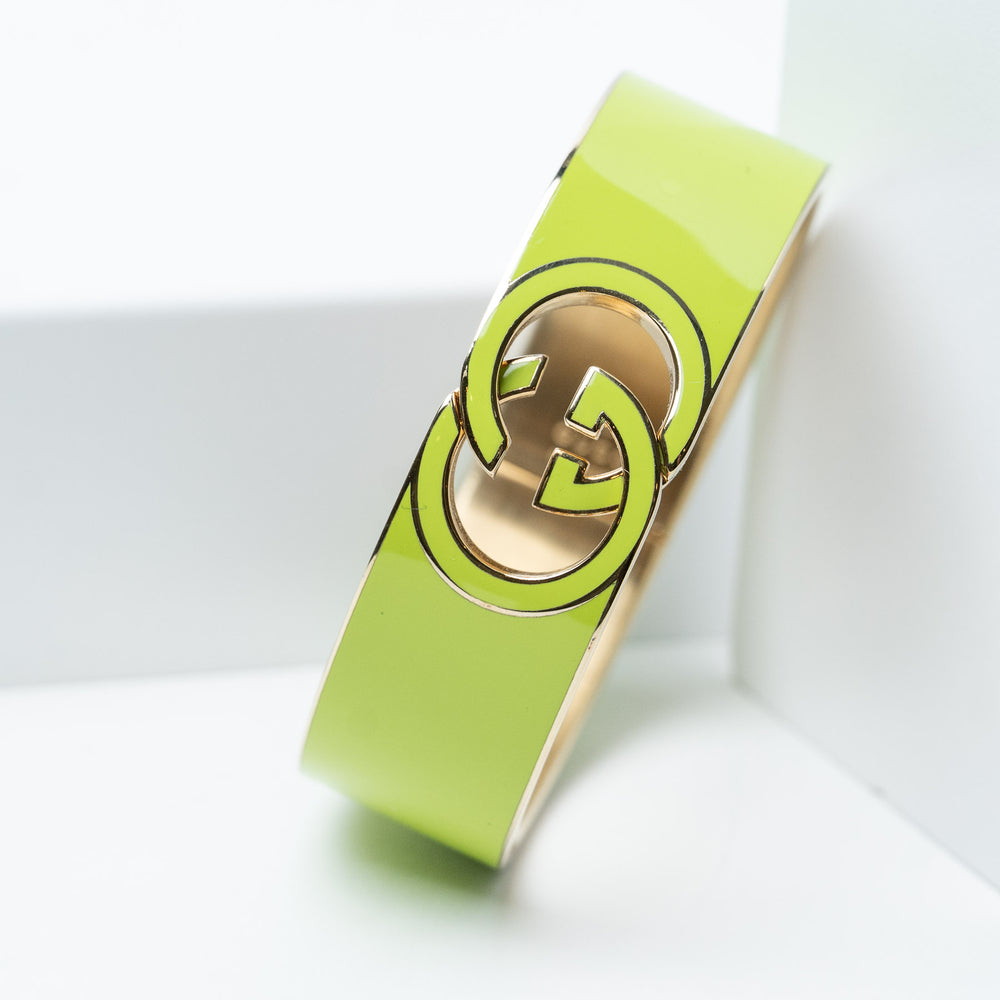 Green Enamel Interlocking GG Cuff Bangle. (view 2)