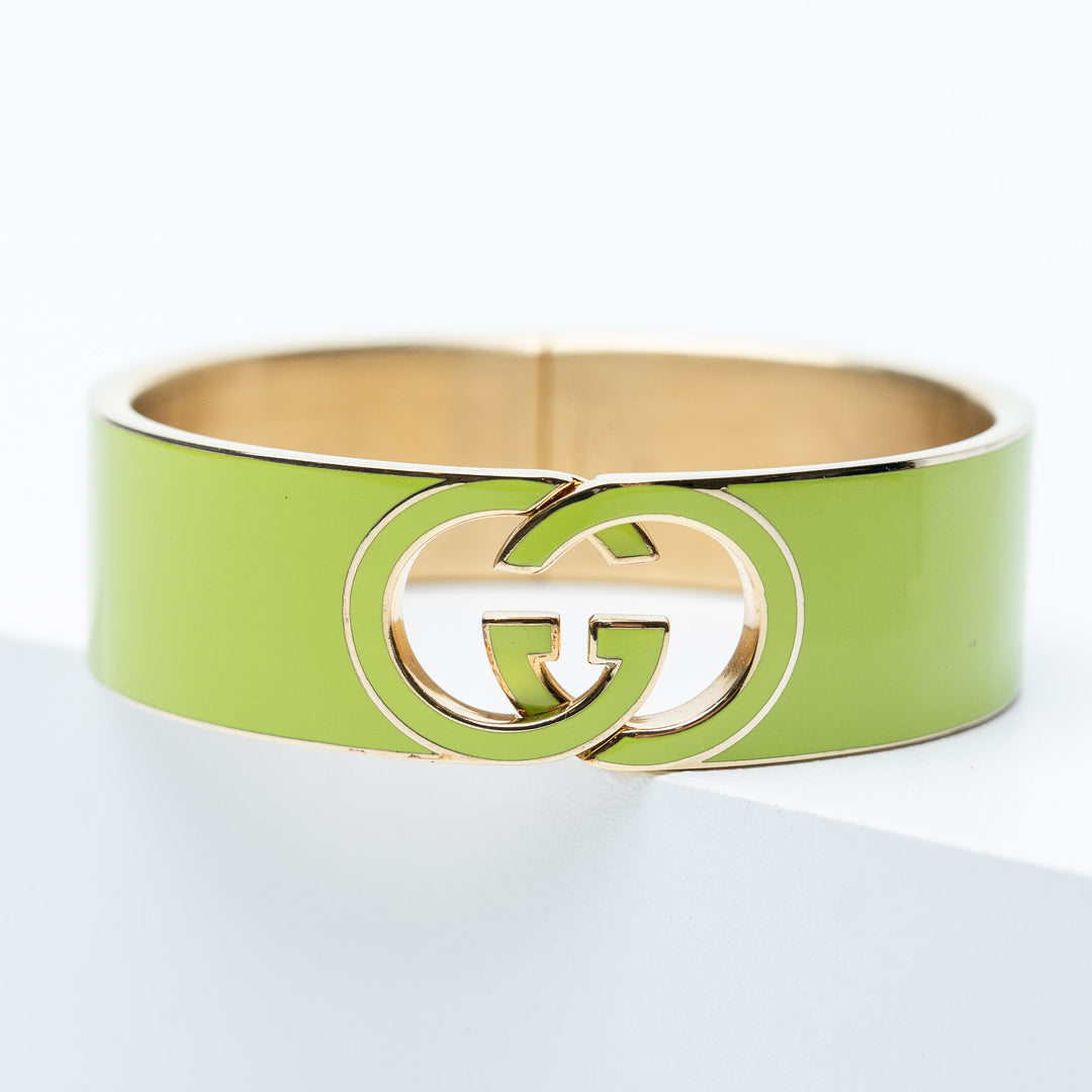 Green Enamel Interlocking GG Cuff Bangle. (front)