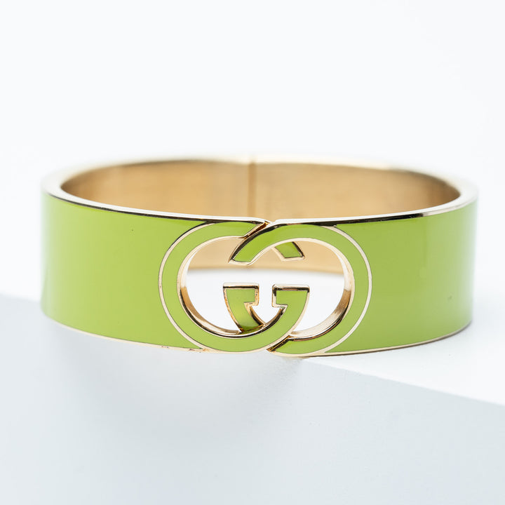 Green Enamel Interlocking GG Cuff Bangle. (front)