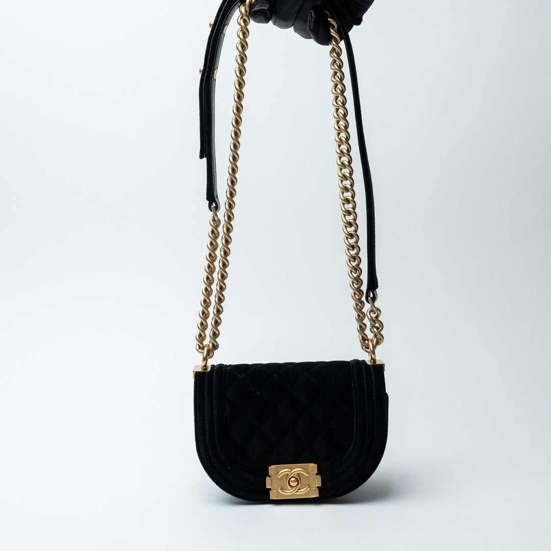 Black Velvet Quilted Mini Boy Messenger Bag. (view 5)