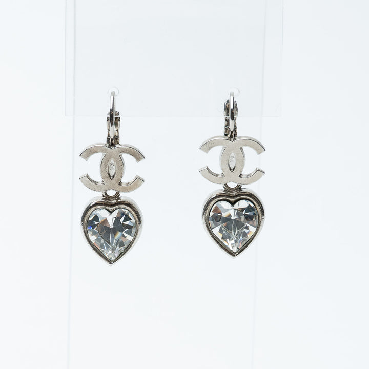 Silver-Tone Crystal Heart Drop Earrings. (front)