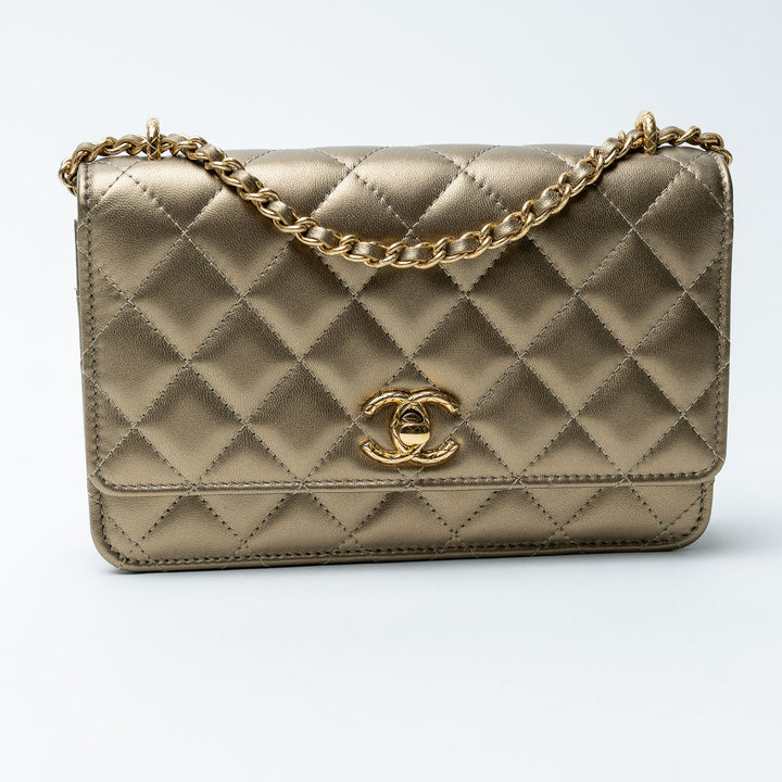 Gold Metallic Lambskin Quilted Wallet on Chain. (front)
