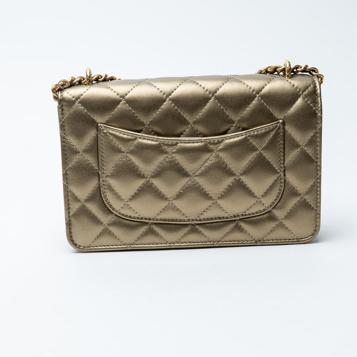 Gold Metallic Lambskin Quilted Wallet on Chain. (back)