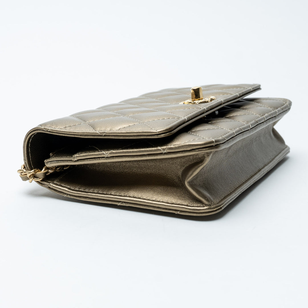Gold Metallic Lambskin Quilted Wallet on Chain. (side)
