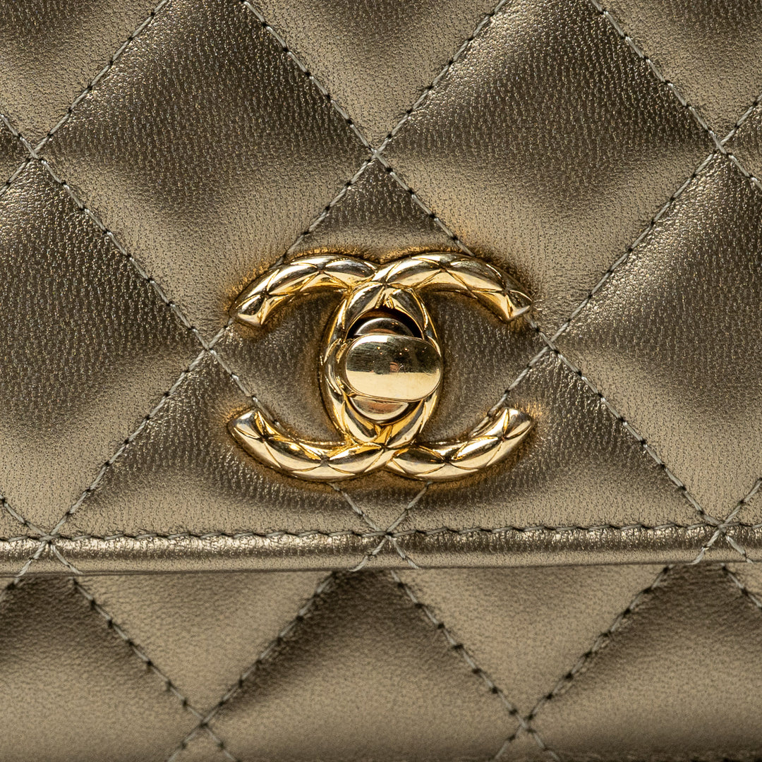 Gold Metallic Lambskin Quilted Wallet on Chain. (hardware)