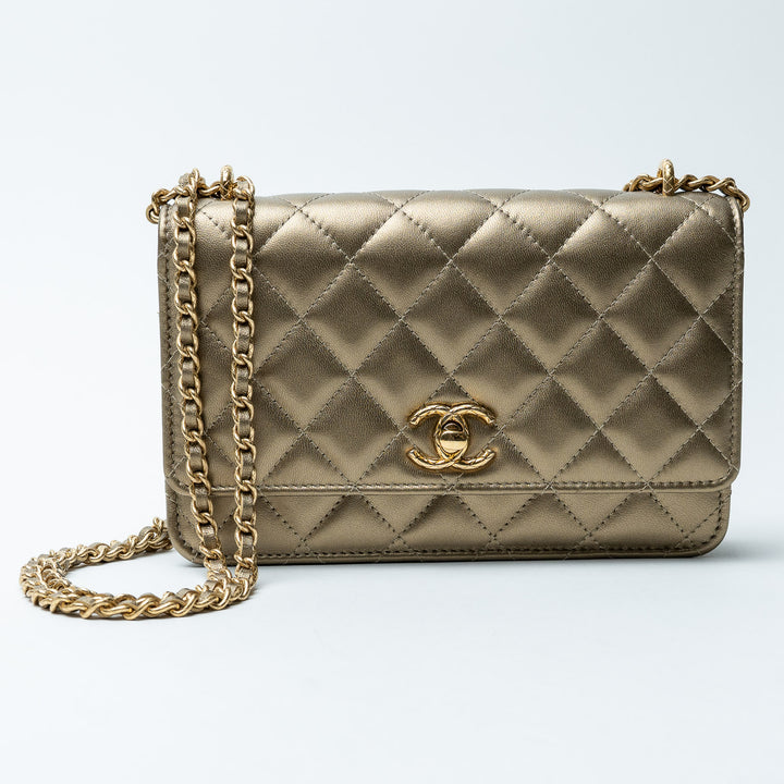 Gold Metallic Lambskin Quilted Wallet on Chain. (front with chain)