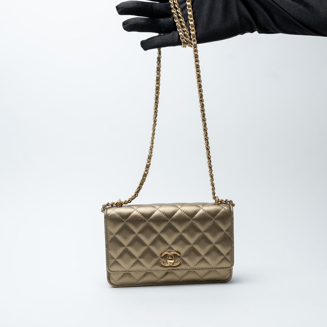 Gold Metallic Lambskin Quilted Wallet on Chain. (strap drop)