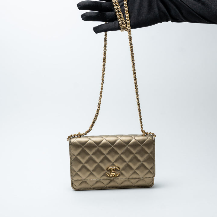Gold Metallic Lambskin Quilted Wallet on Chain. (strap drop)