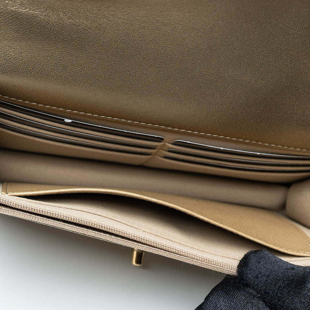 Gold Metallic Lambskin Quilted Wallet on Chain. (interior card slots)