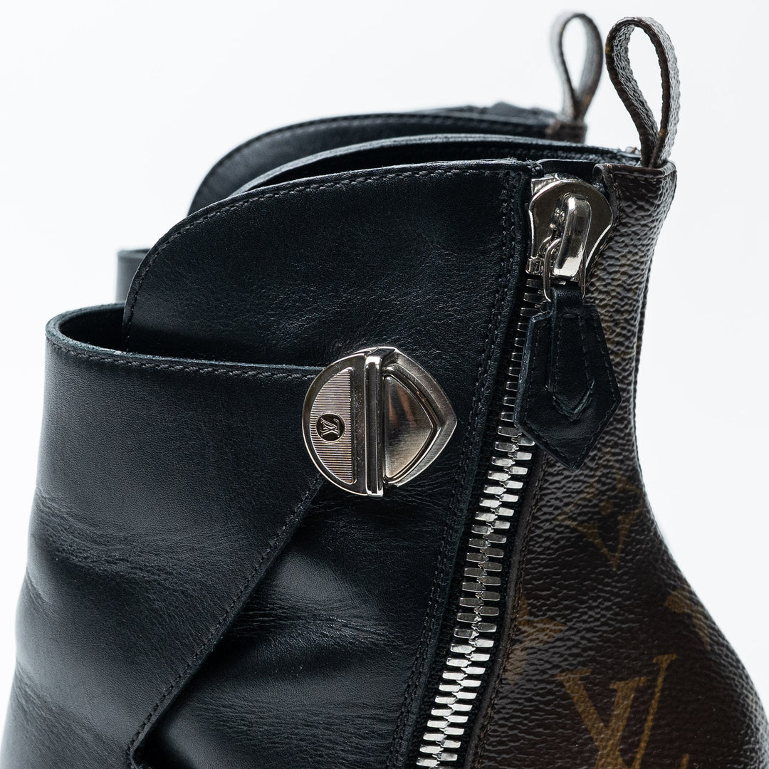 Black Leather and Monogram Canvas Janet Ankle Boots. (view 6)
