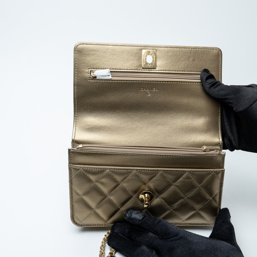 Gold Metallic Lambskin Quilted Wallet on Chain. (interior)