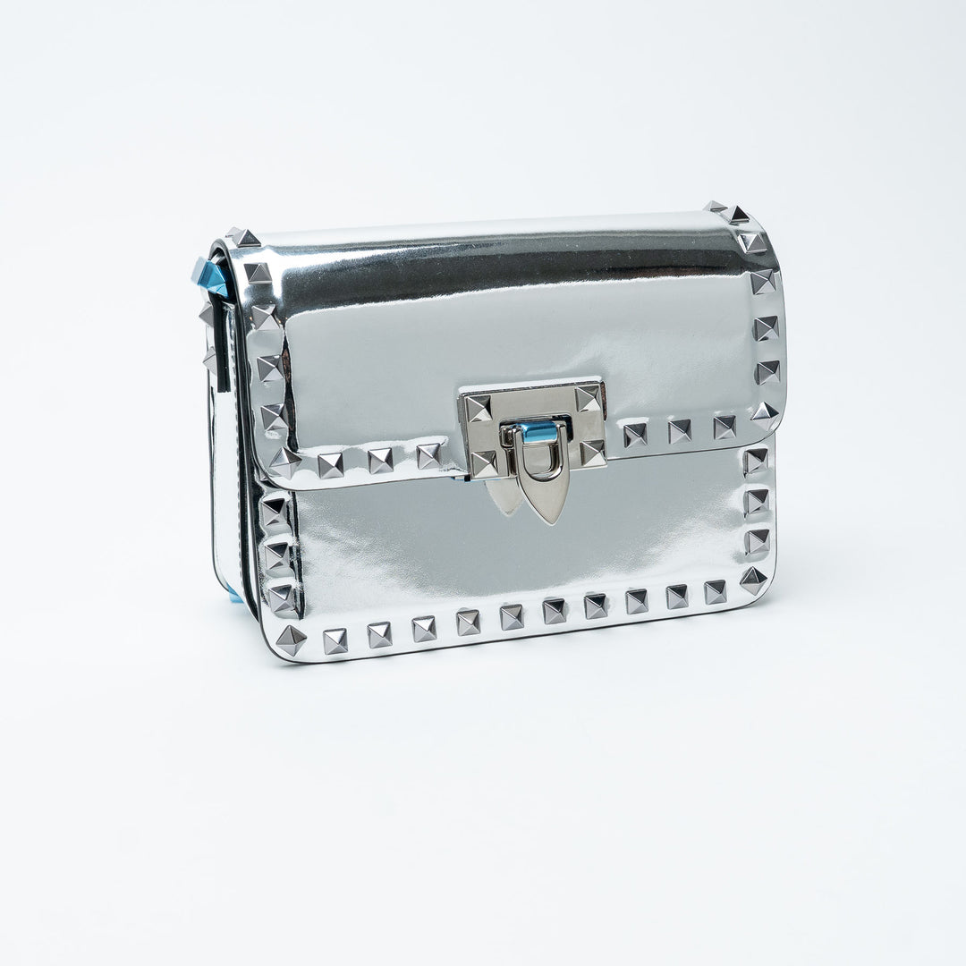 Silver Patent Leather Rockstud Shoulder Bag. (front)