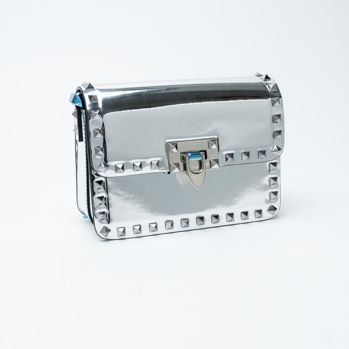 Silver Patent Leather Rockstud Shoulder Bag. (front)