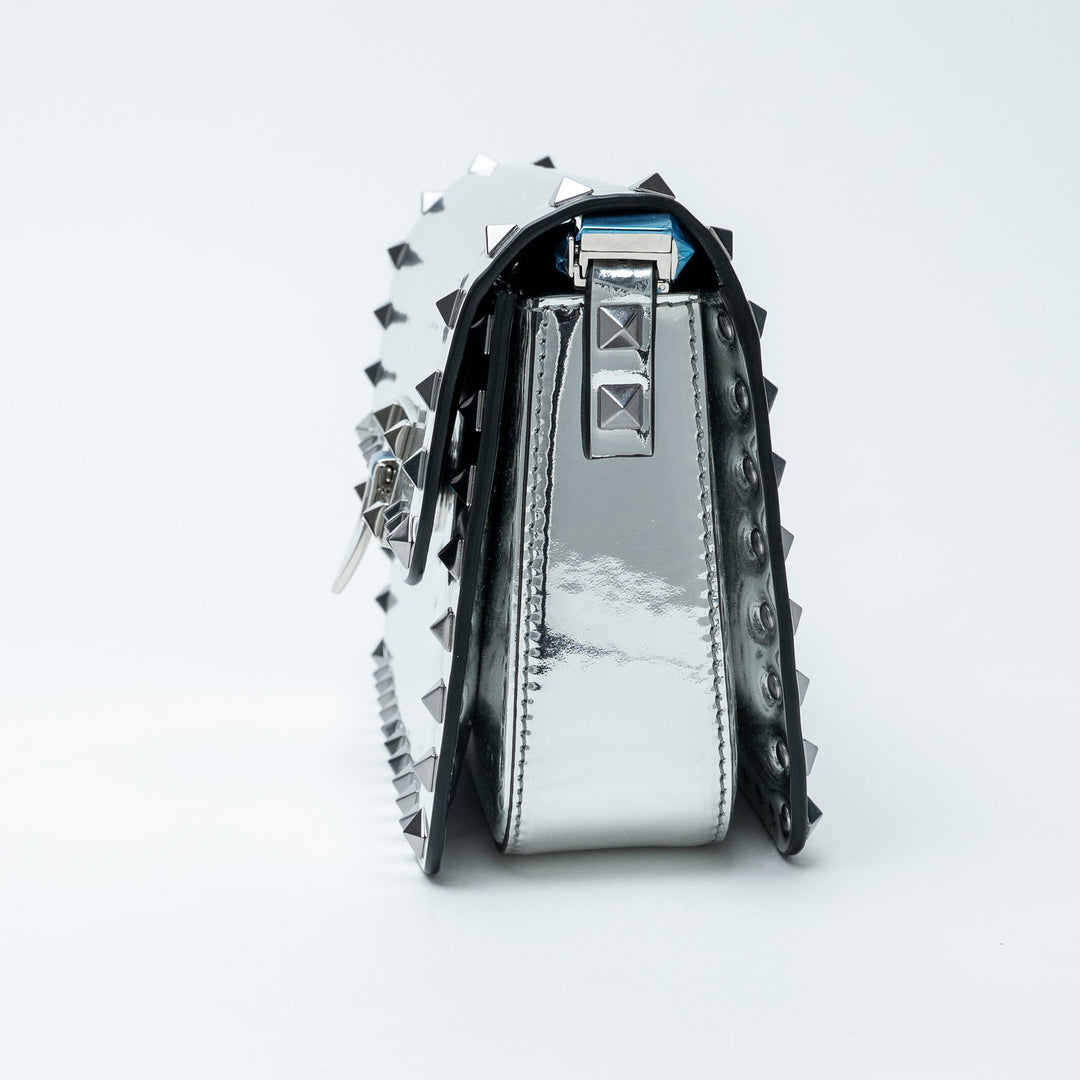 Silver Patent Leather Rockstud Shoulder Bag. (view 3)