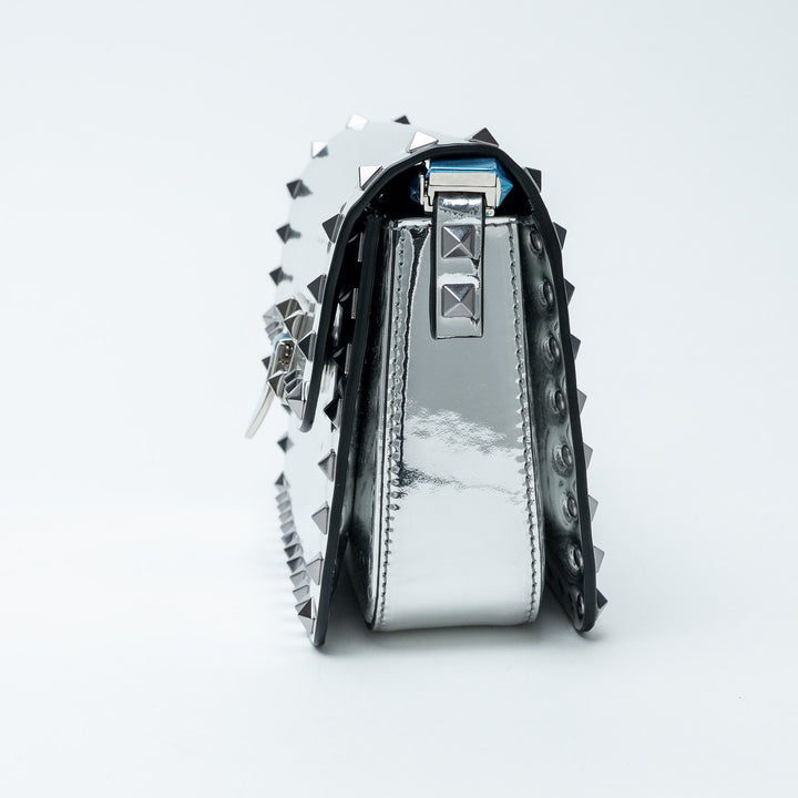 Silver Patent Leather Rockstud Shoulder Bag. (view 3)