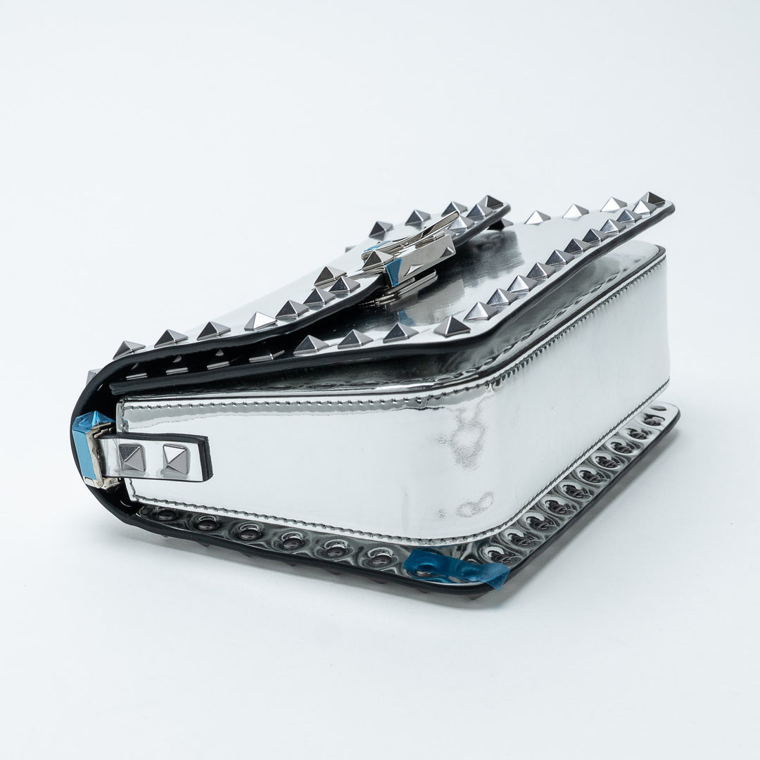 Silver Patent Leather Rockstud Shoulder Bag. (view 6)