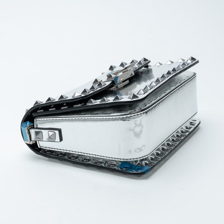 Silver Patent Leather Rockstud Shoulder Bag. (view 6)