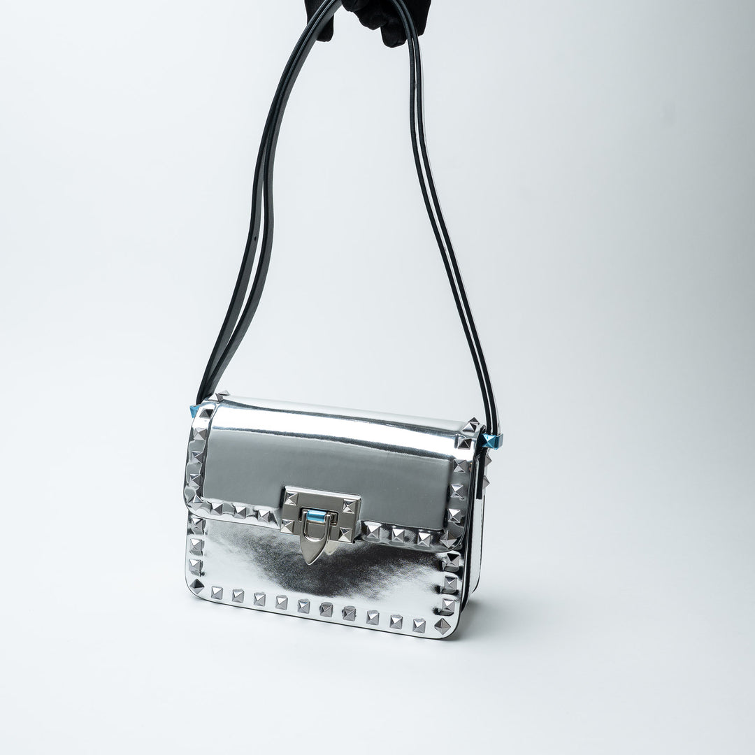 Silver Patent Leather Rockstud Shoulder Bag. (view 7)