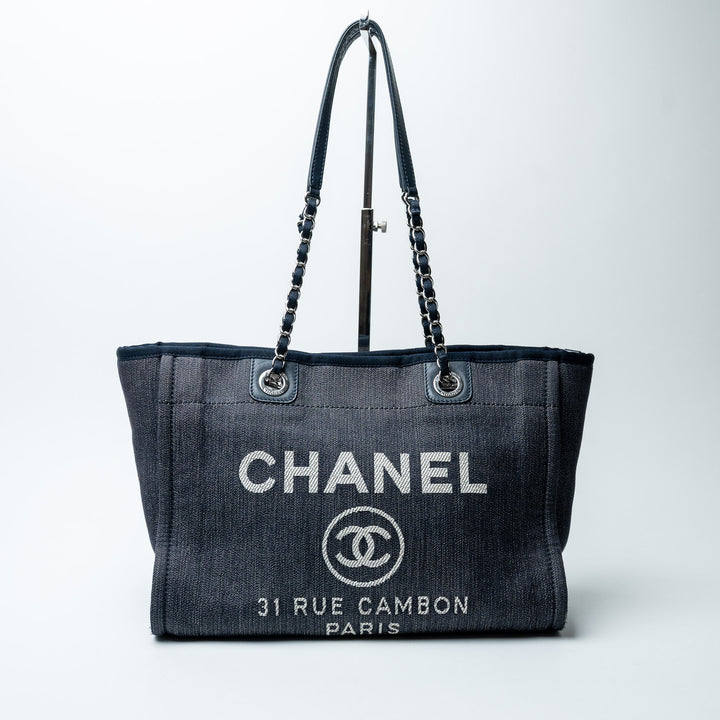 Navy Blue Denim Small Deauville Tote Bag. (front)