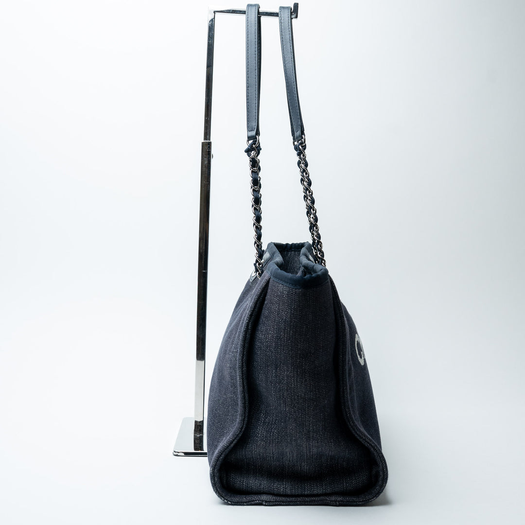 Navy Blue Denim Small Deauville Tote Bag. (view 3)