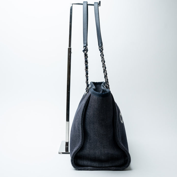 Navy Blue Denim Small Deauville Tote Bag. (view 3)
