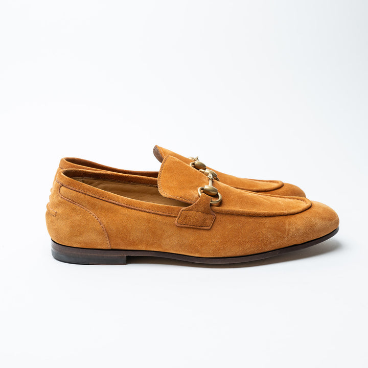 Tan Suede Horsebit Men's Loafers. (front)