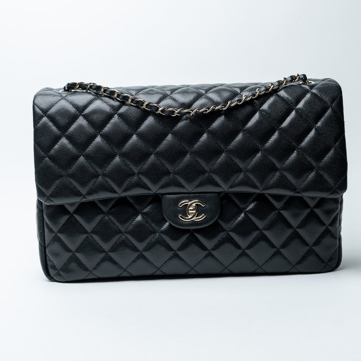 Black Caviar Leather XL Single Flap Bag. (front)