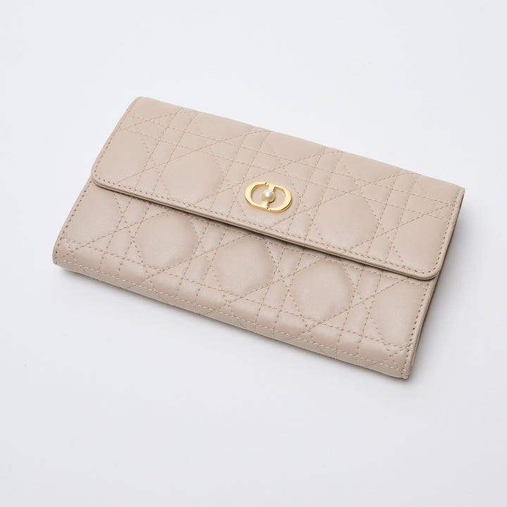 Beige Cannage Leather Caro Long Wallet. (front)